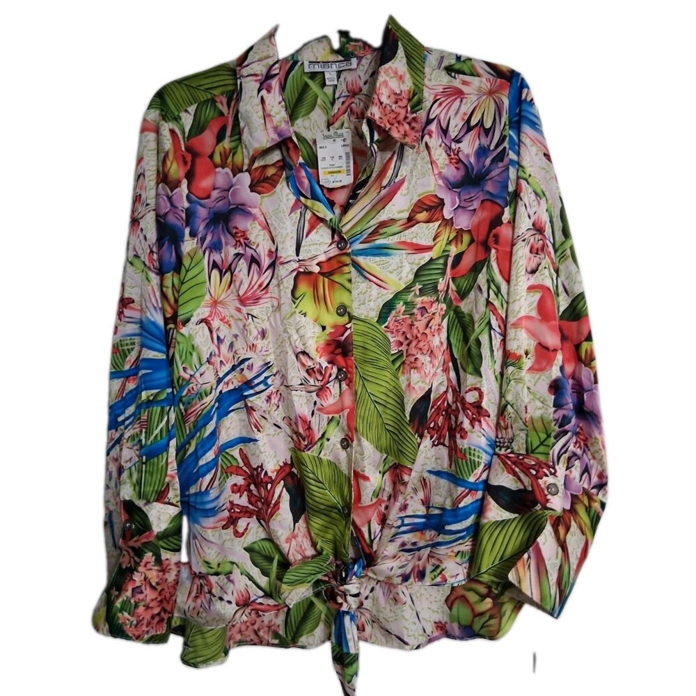 NWT Women's Mishca Tropical Long Sleeve Tie Front Top Size L